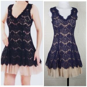 Betsy & Adam Blue & Nude Lace Overlay Tulle Fit & Flare Dress Size 6 Petite